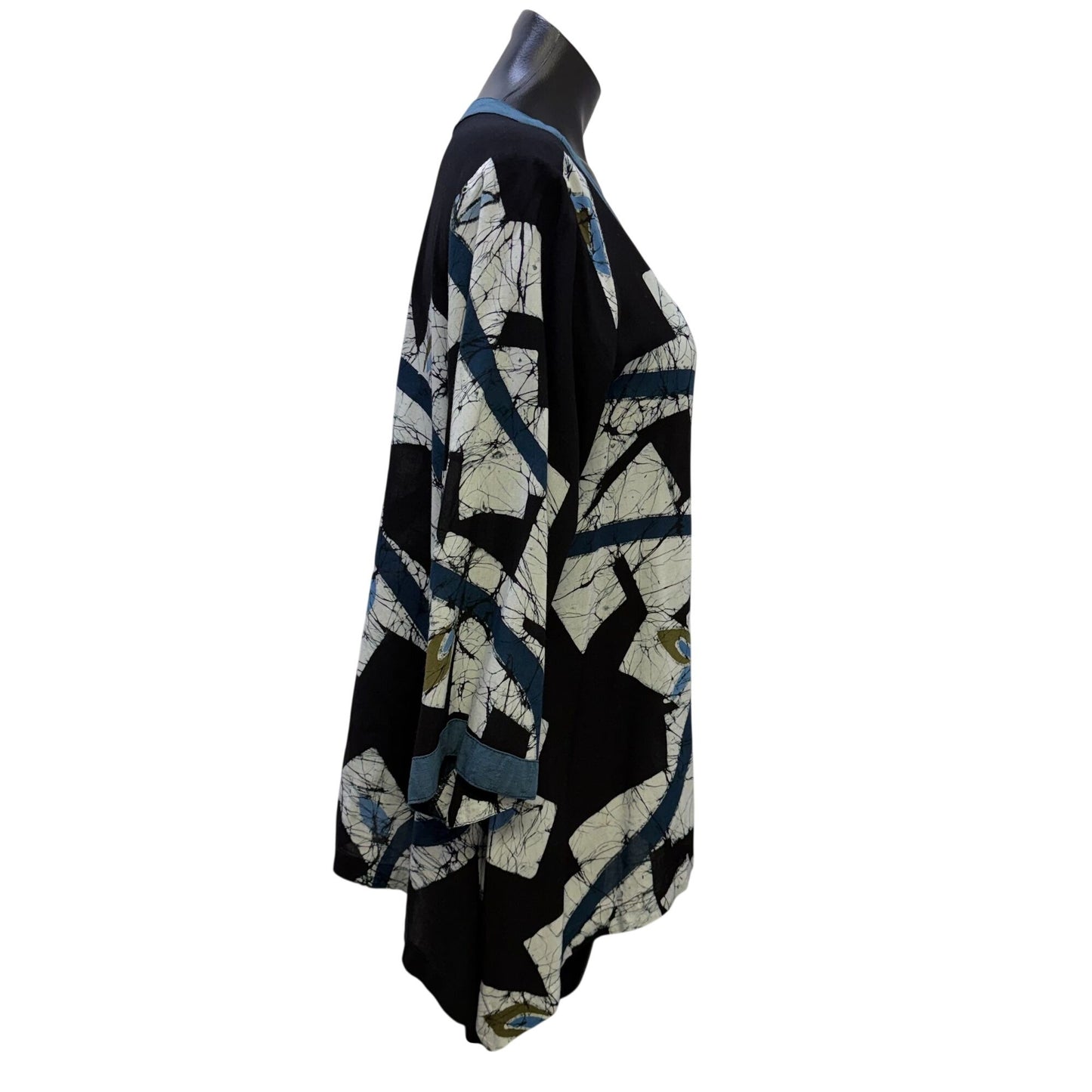 Lyng Black & Blue Abstract Button-Front Rayon Blouse With 3/4 Sleeves  S