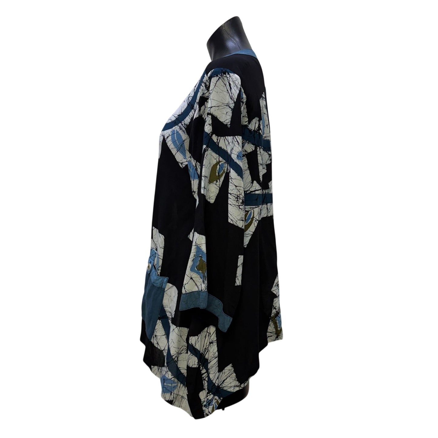 Lyng Black & Blue Abstract Button-Front Rayon Blouse With 3/4 Sleeves  S