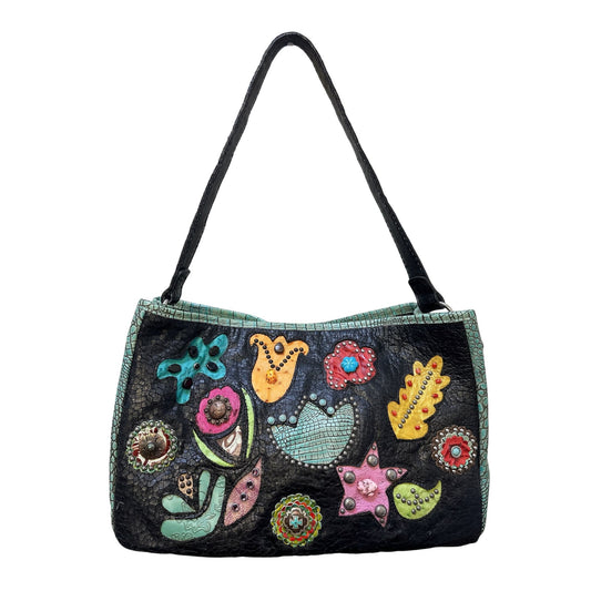 Double J Saddlery Colorful Floral Patchwork Leather Shoulder Bag w/Embellishments