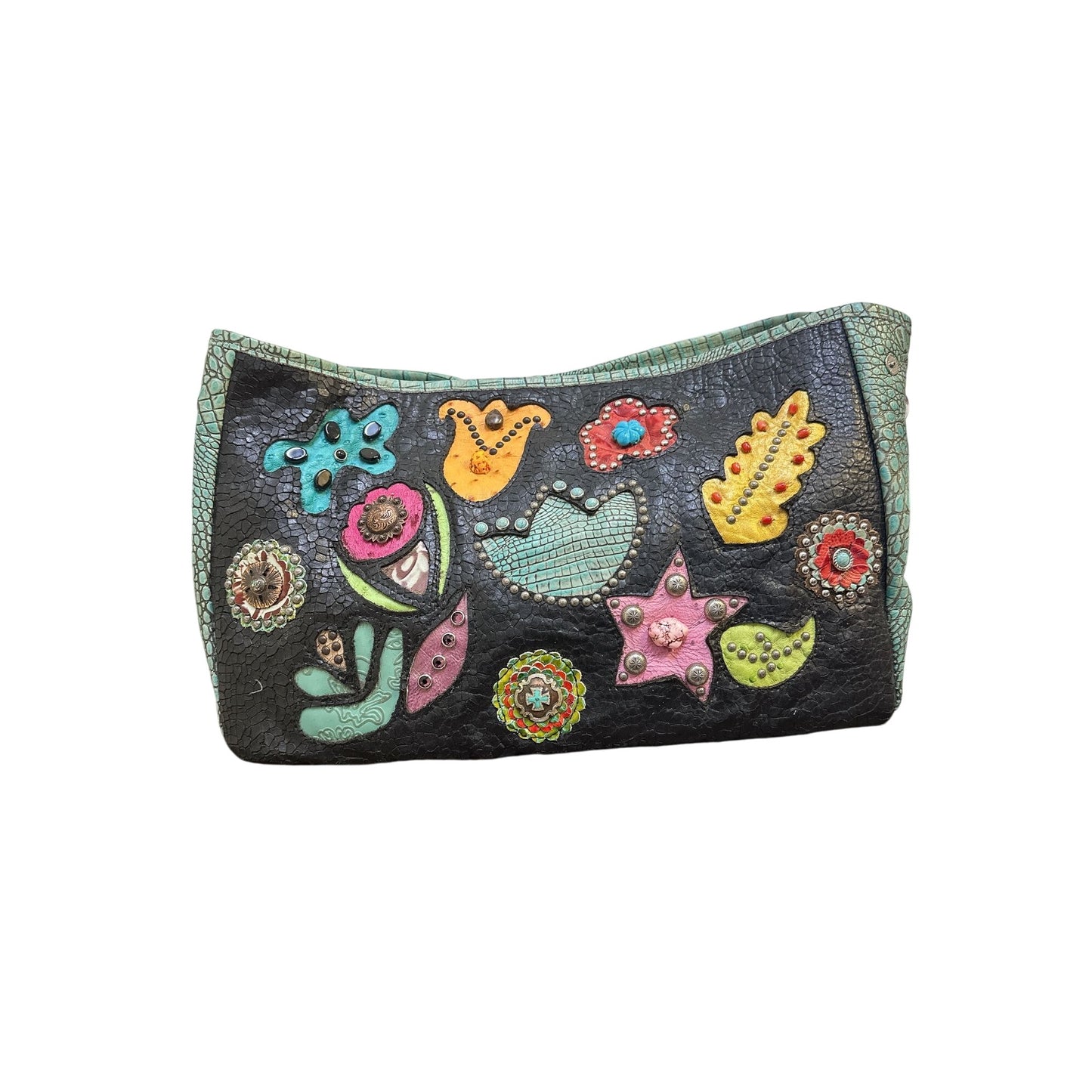 Double J Saddlery Colorful Floral Patchwork Leather Shoulder Bag w/Embellishments