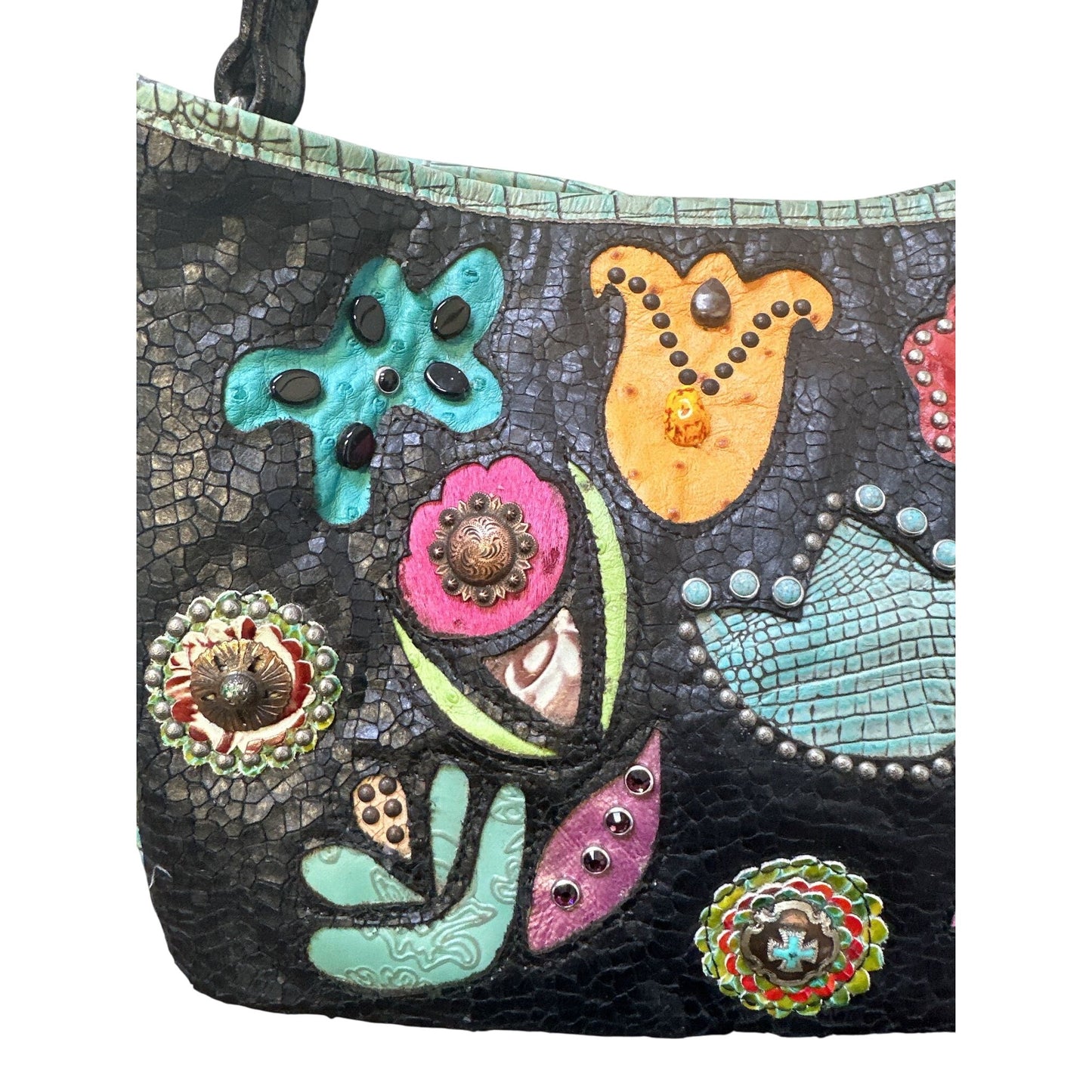 Double J Saddlery Colorful Floral Patchwork Leather Shoulder Bag w/Embellishments