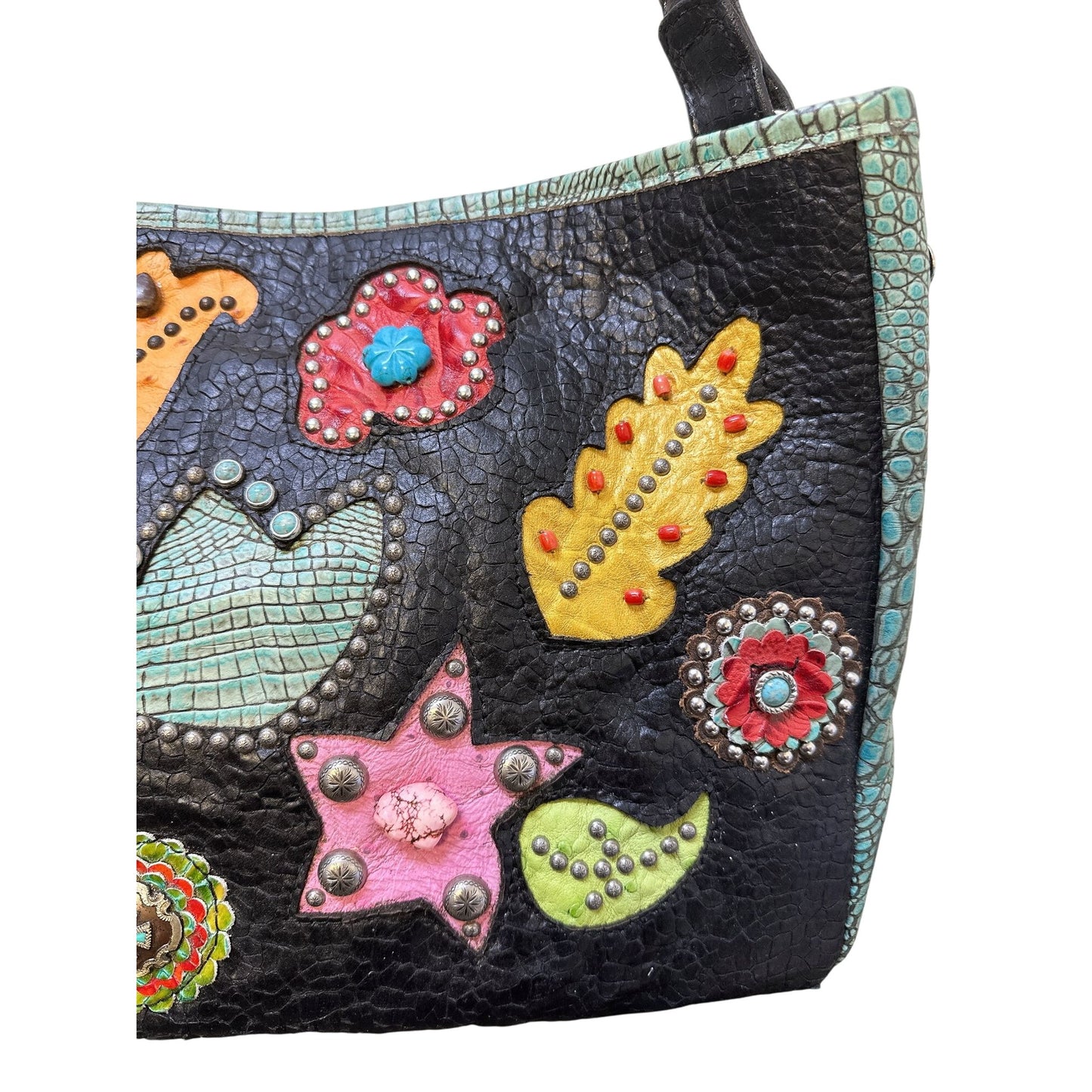 Double J Saddlery Colorful Floral Patchwork Leather Shoulder Bag w/Embellishments