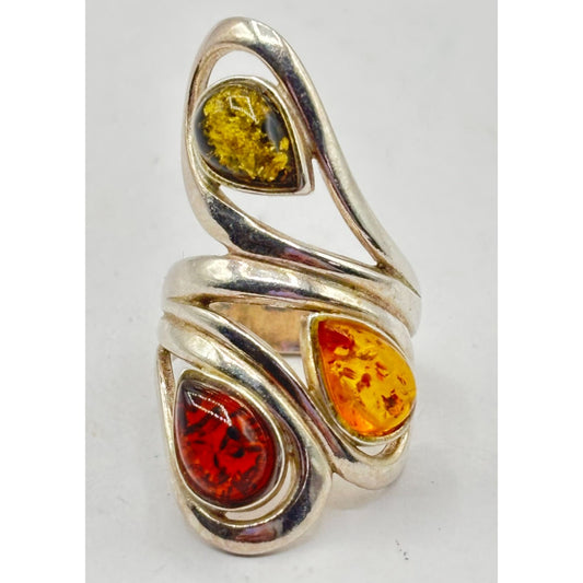 Sterling Silver 925 Multi-Color Amber Adjustable Statement Ring Size 5