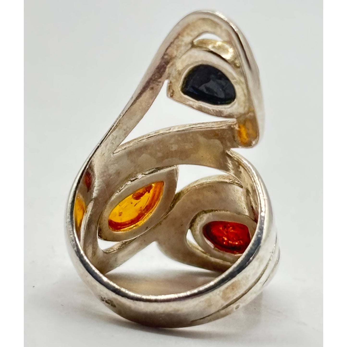 Sterling Silver 925 Multi-Color Amber Adjustable Statement Ring Size 5