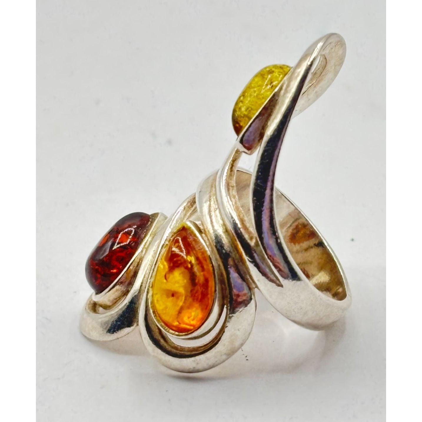 Sterling Silver 925 Multi-Color Amber Adjustable Statement Ring Size 5