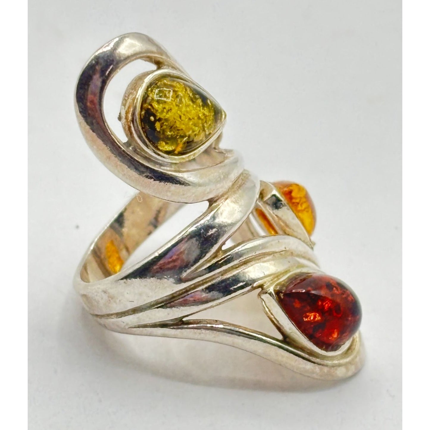 Sterling Silver 925 Multi-Color Amber Adjustable Statement Ring Size 5