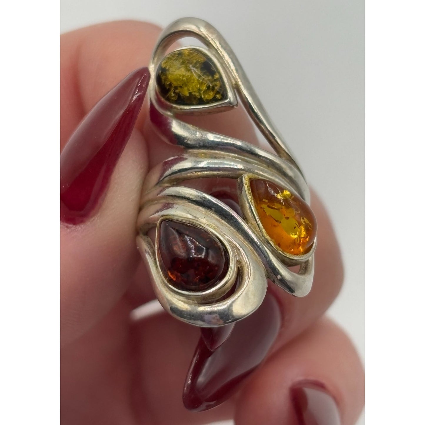 Sterling Silver 925 Multi-Color Amber Adjustable Statement Ring Size 5