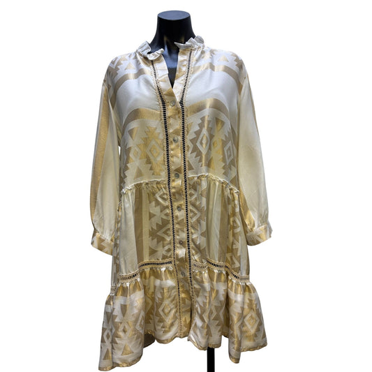 Kasia Gold & Cream Boho Tunic Dress With Tribal Print & Ruffle Hem L