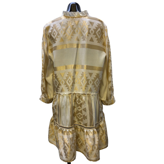 Kasia Gold & Cream Boho Tunic Dress With Tribal Print & Ruffle Hem L