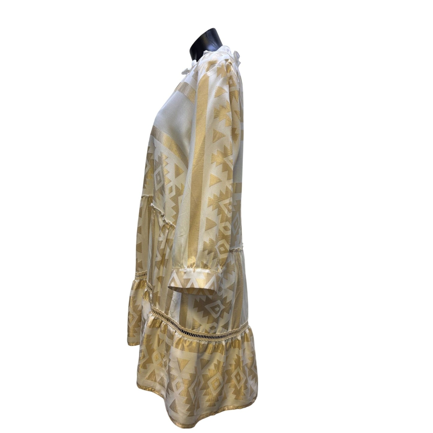 Kasia Gold & Cream Boho Tunic Dress With Tribal Print & Ruffle Hem L