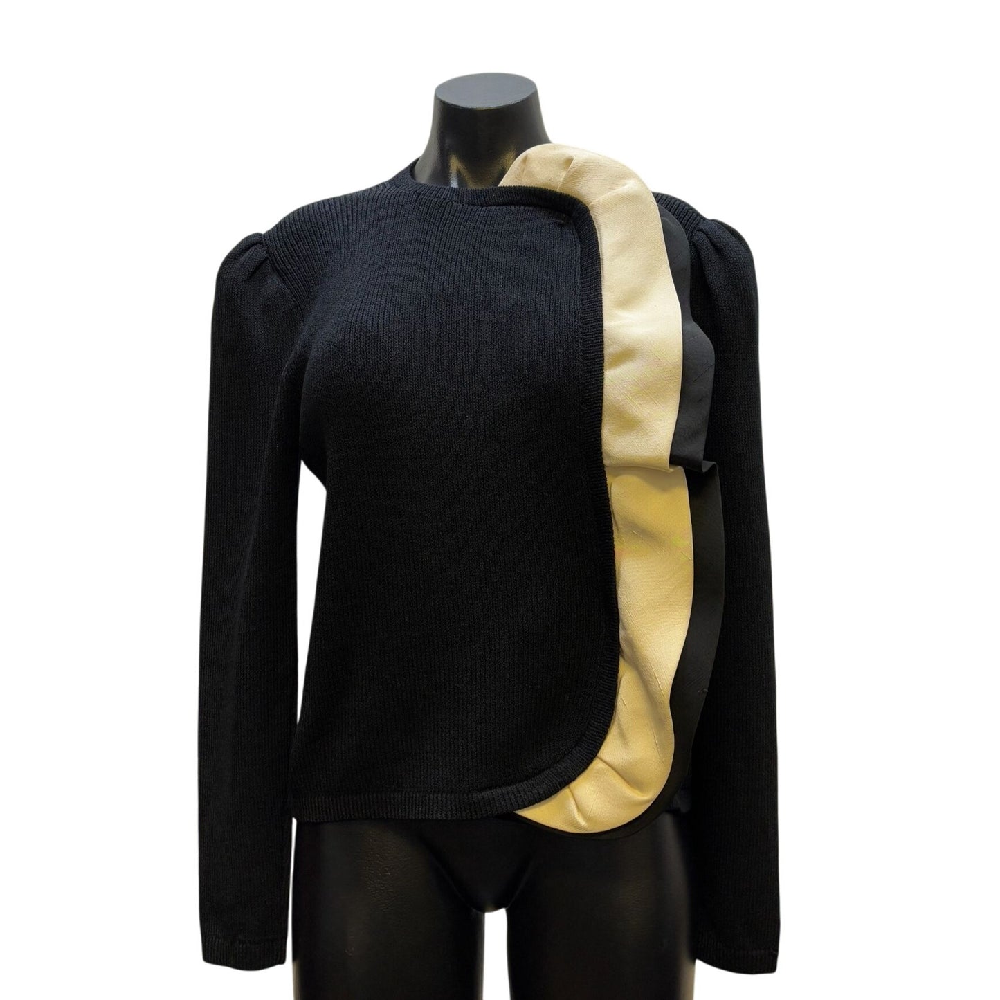 St John Couture Black Wool & Leather Ruffle Accent Sweater Blouse S