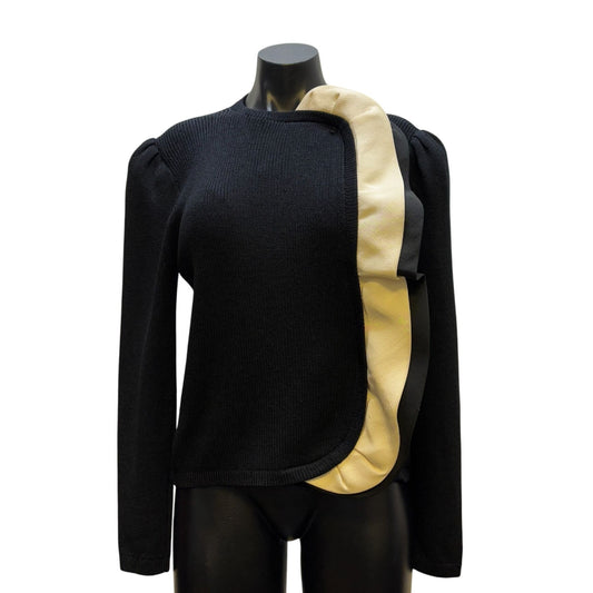St John Couture Black Wool & Leather Ruffle Accent Sweater Blouse S