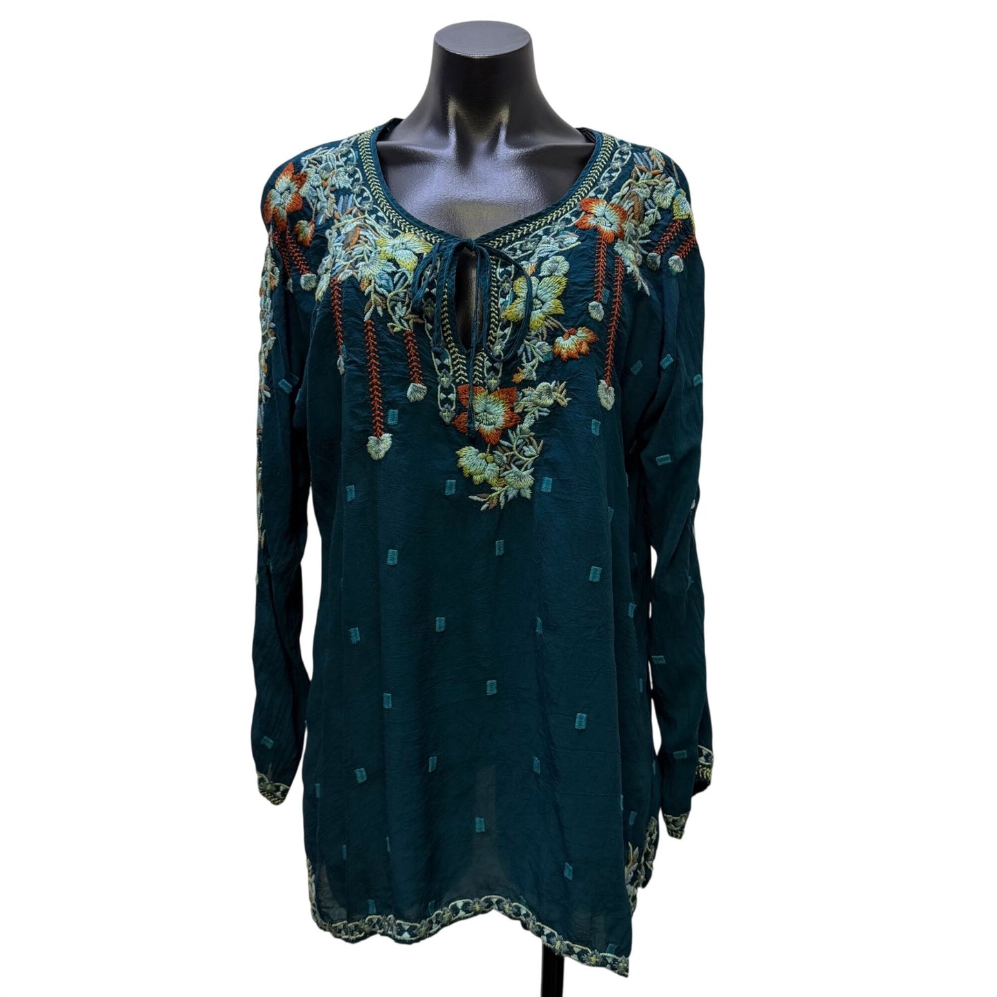 Johnny Was Embroidered Teal Blouse With Floral Details & Long Sleeves L