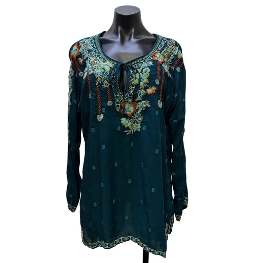Johnny Was Embroidered Teal Blouse With Floral Details & Long Sleeves L