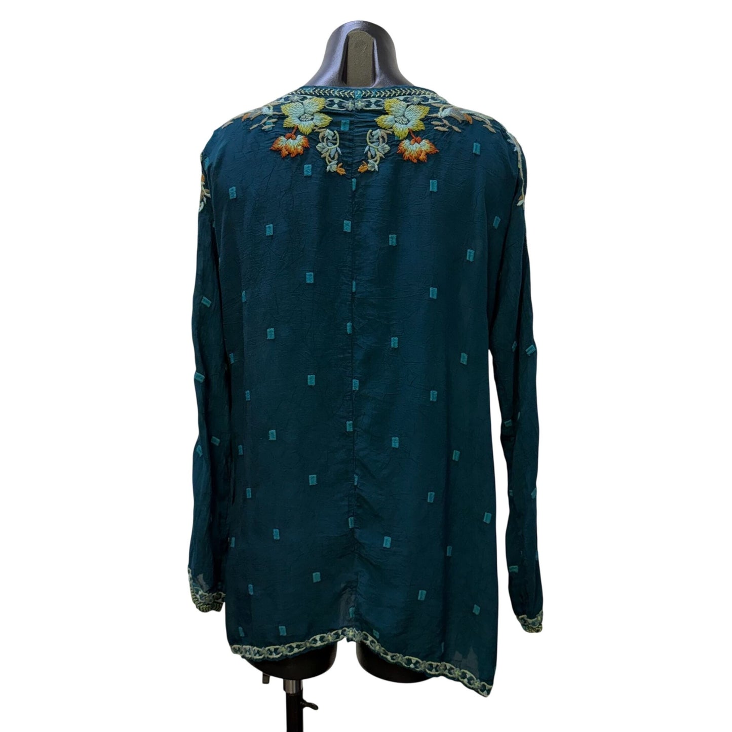 Johnny Was Embroidered Teal Blouse With Floral Details & Long Sleeves L