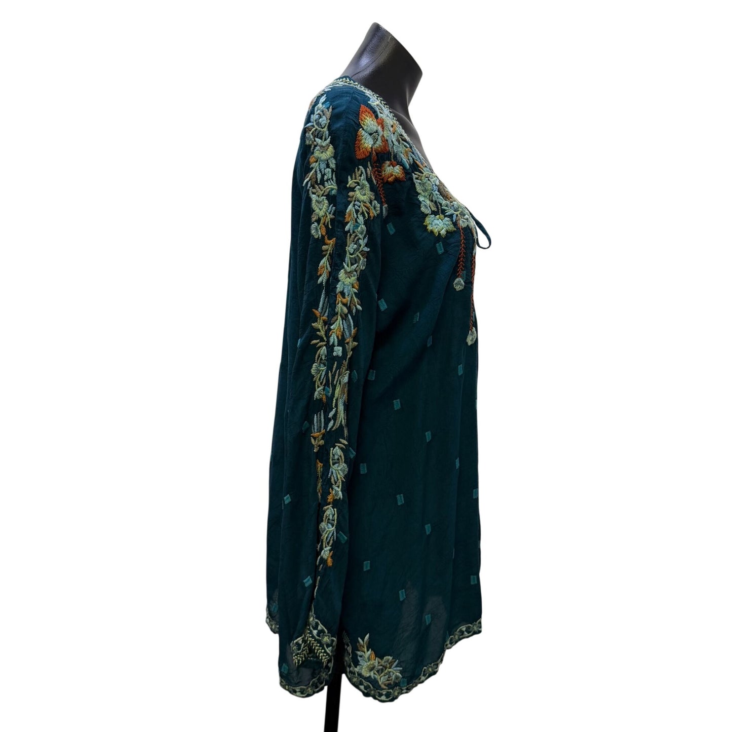 Johnny Was Embroidered Teal Blouse With Floral Details & Long Sleeves L