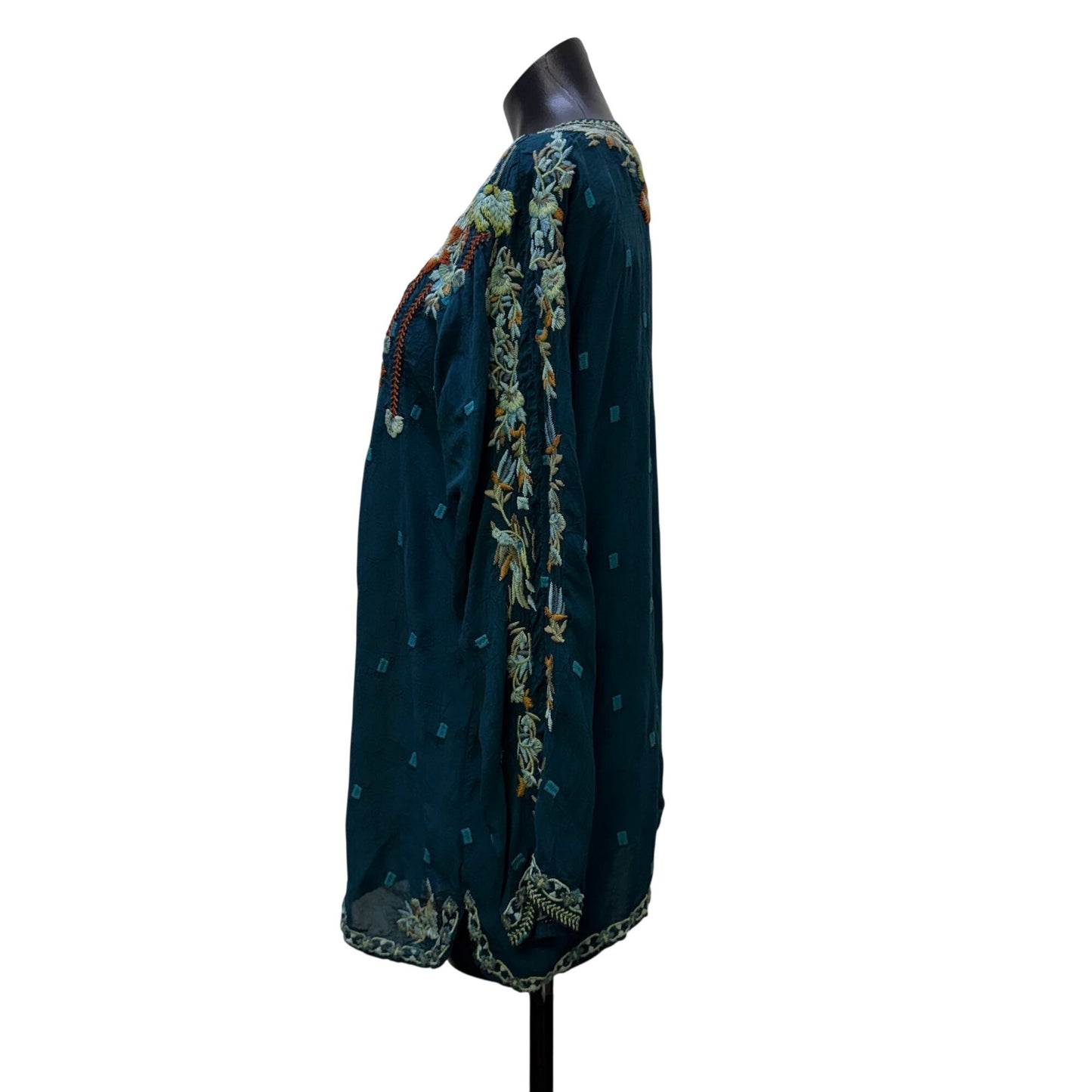 Johnny Was Embroidered Teal Blouse With Floral Details & Long Sleeves L