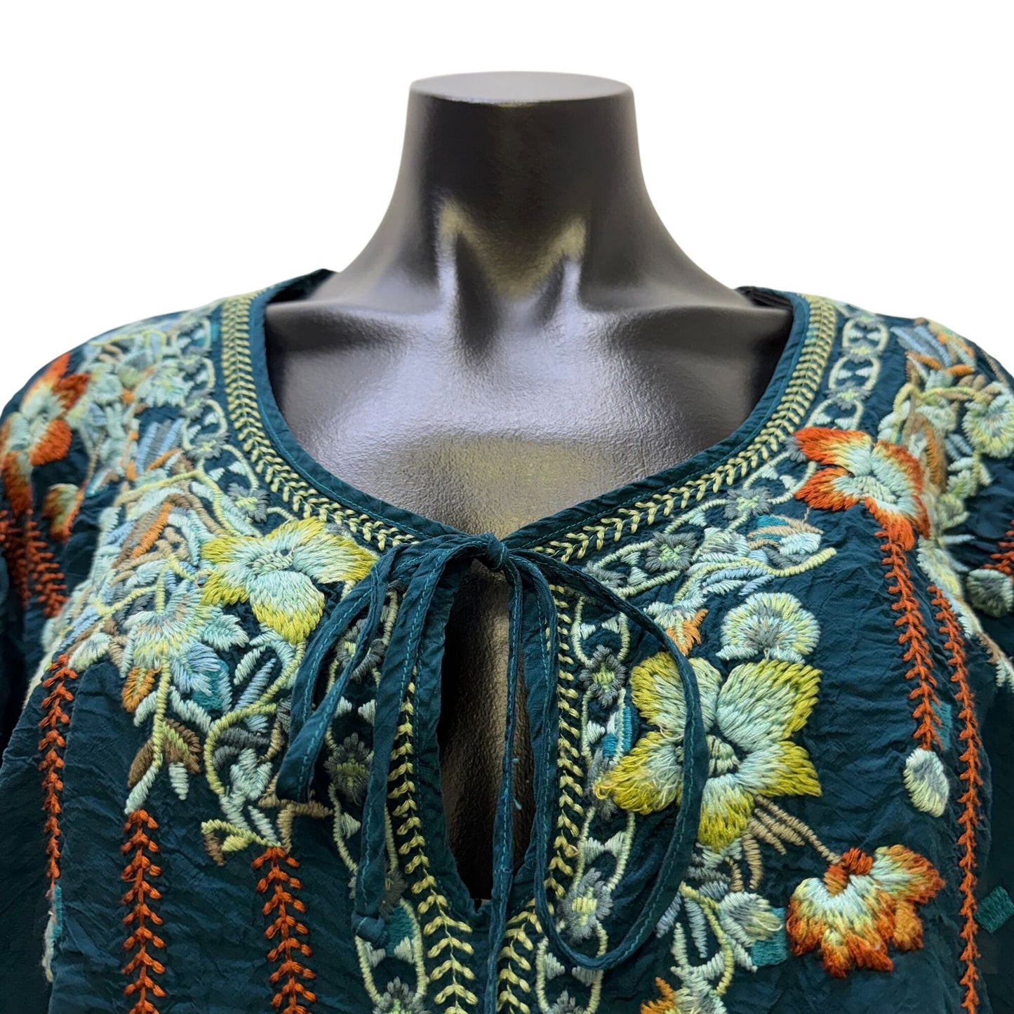 Johnny Was Embroidered Teal Blouse With Floral Details & Long Sleeves L