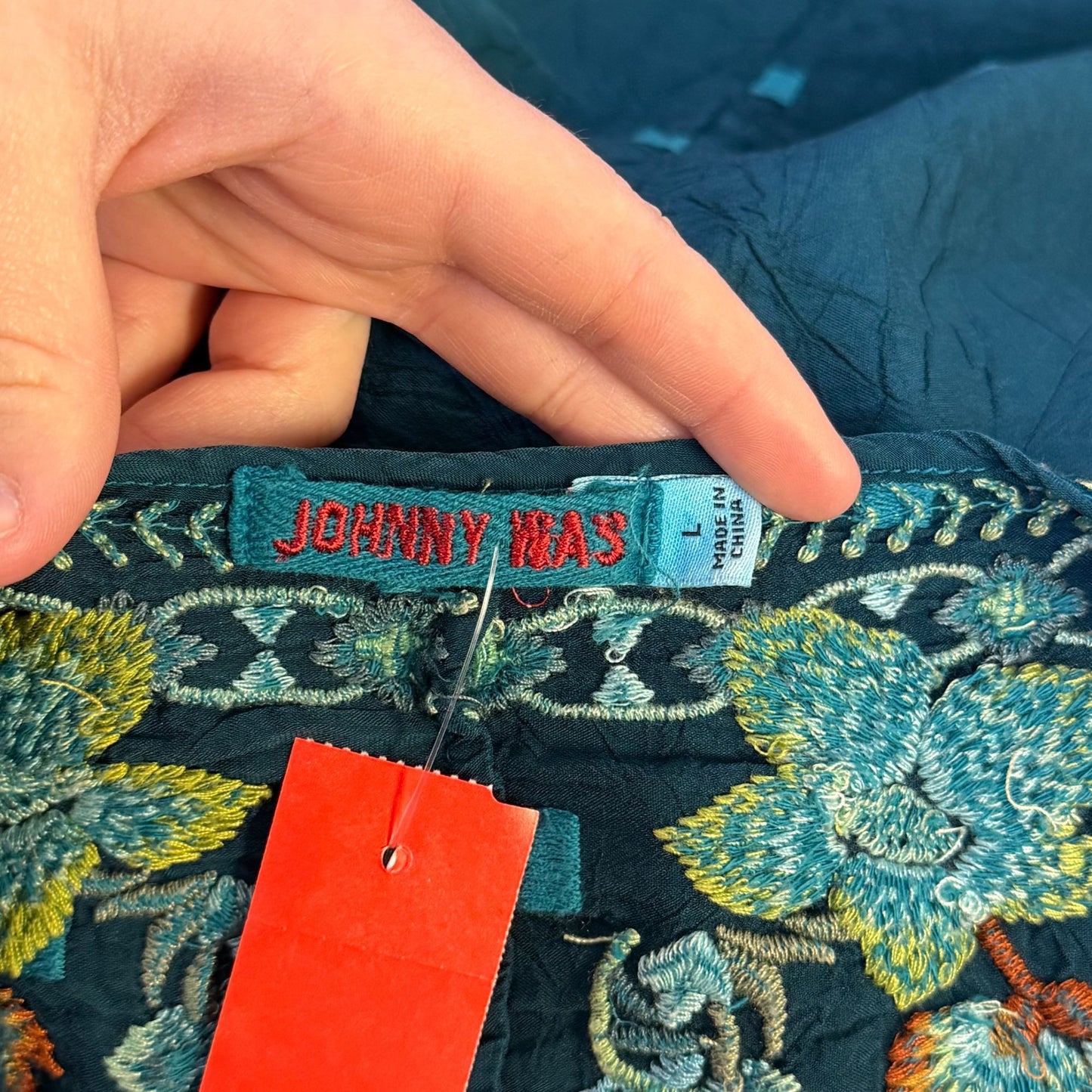 Johnny Was Embroidered Teal Blouse With Floral Details & Long Sleeves L