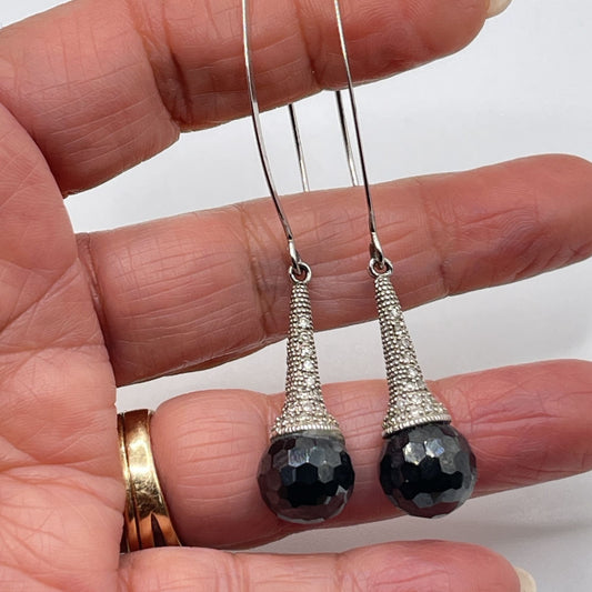 925 Sterling Silver CZ Black Ball Drop Dangle Earrings