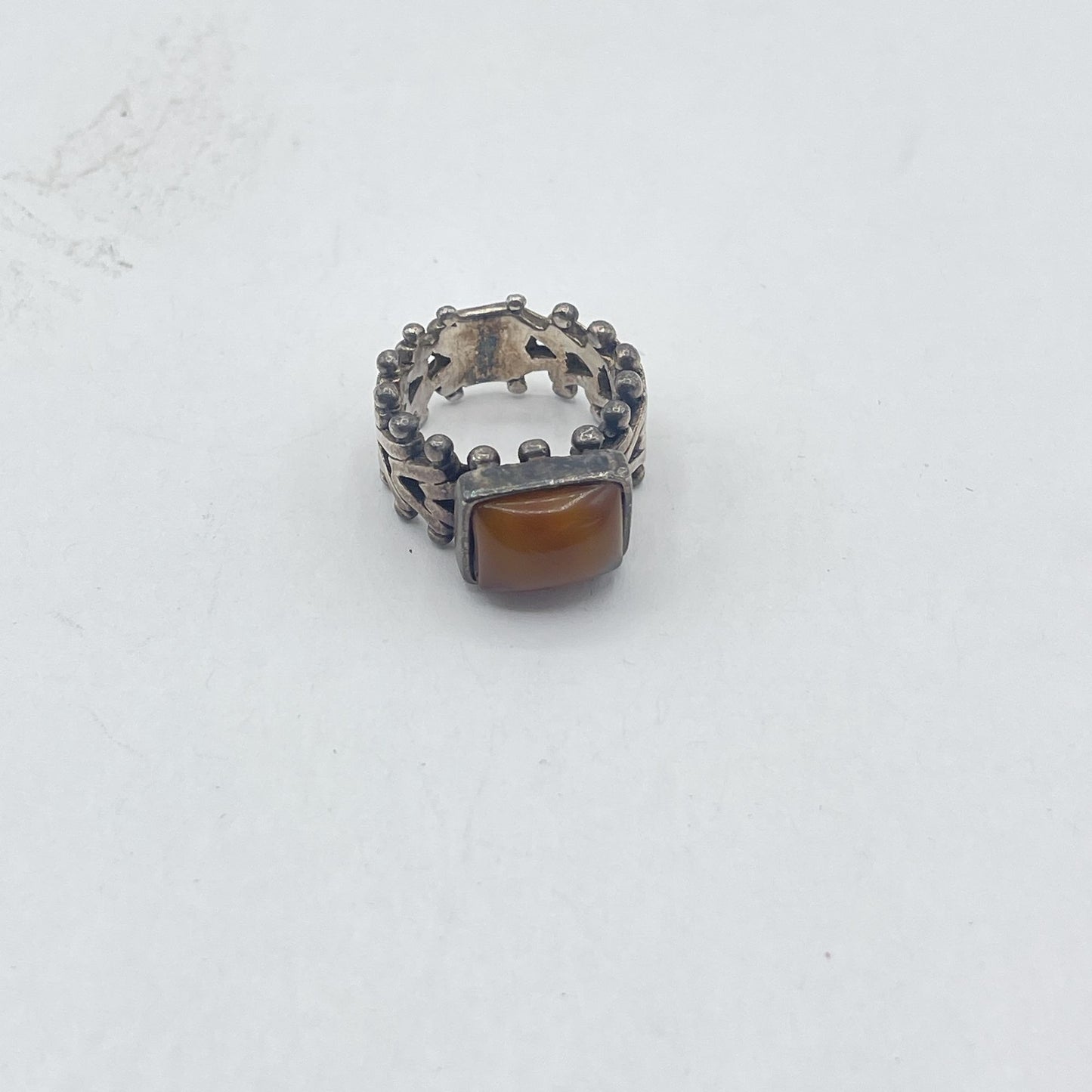 925 Silver Vintage Ring Intricate Design With Amber Stone size 7