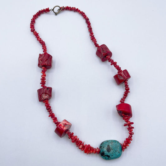 Turquoise Coral Beaded Necklace With Chunky Red Accents & Lobster Clasp Closure