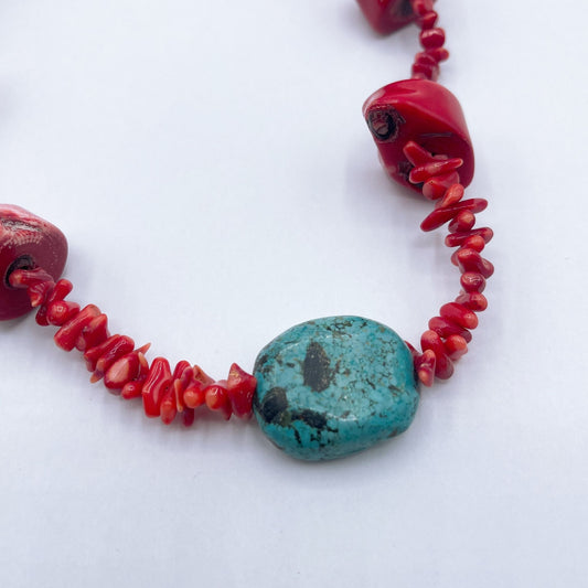 Turquoise Coral Beaded Necklace With Chunky Red Accents & Lobster Clasp Closure
