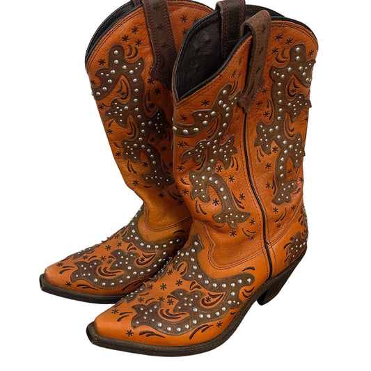 Rockin Country Womens Leather Western Cowboy Boots Orange & Brown Studded 7.5M