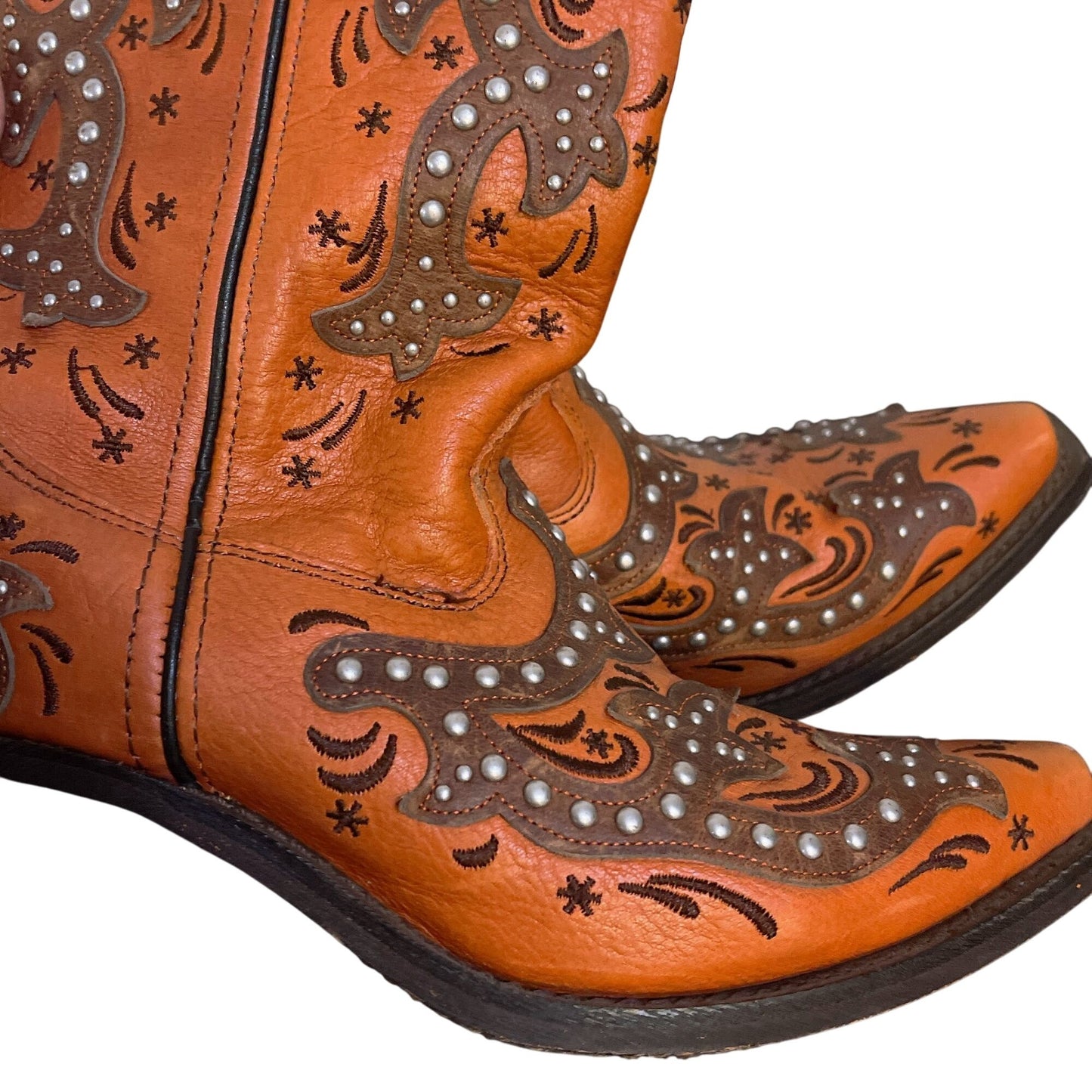 Rockin Country Womens Leather Western Cowboy Boots Orange & Brown Studded 7.5M