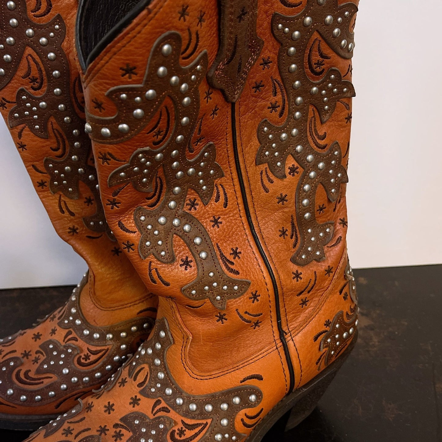 Rockin Country Womens Leather Western Cowboy Boots Orange & Brown Studded 7.5M