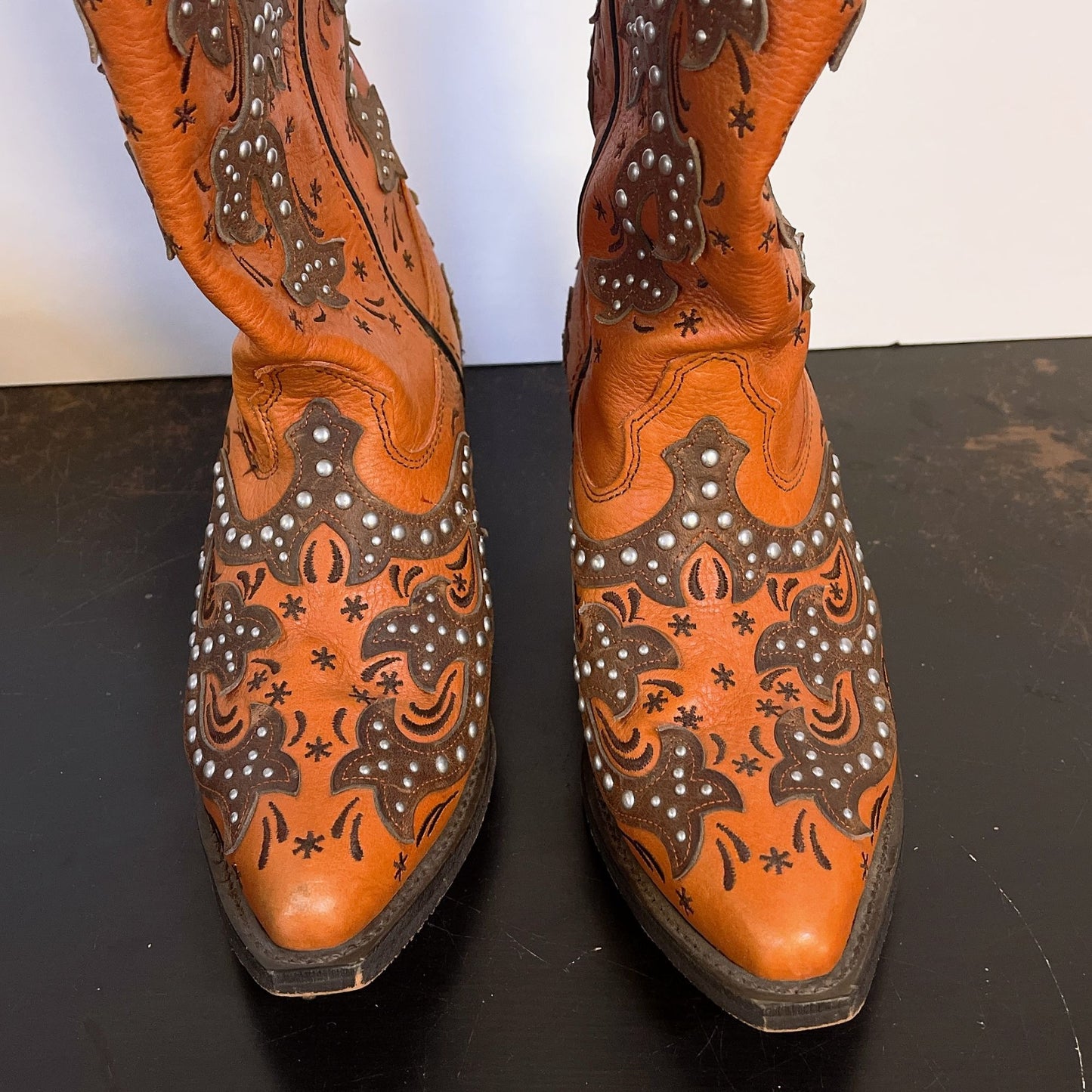 Rockin Country Womens Leather Western Cowboy Boots Orange & Brown Studded 7.5M