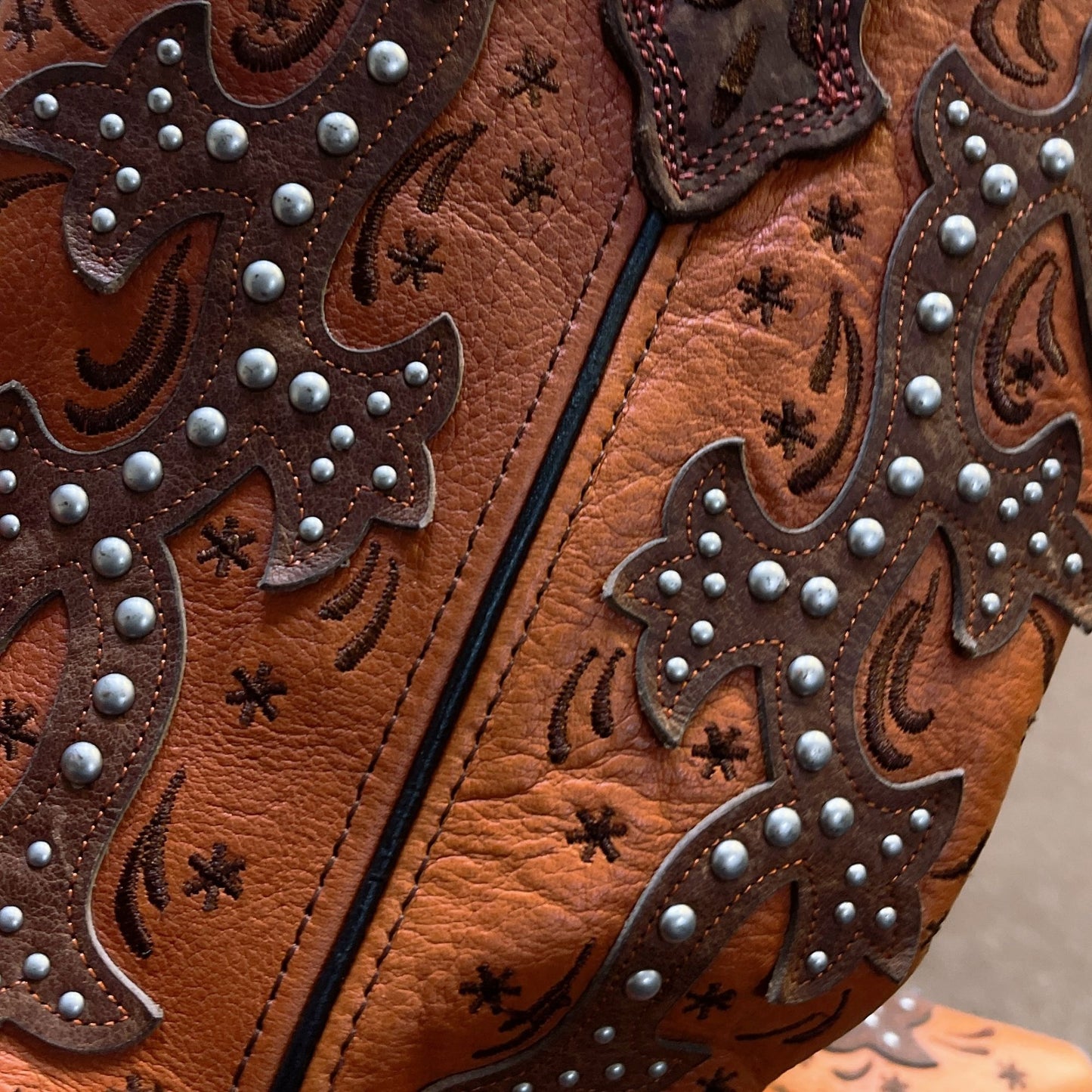 Rockin Country Womens Leather Western Cowboy Boots Orange & Brown Studded 7.5M