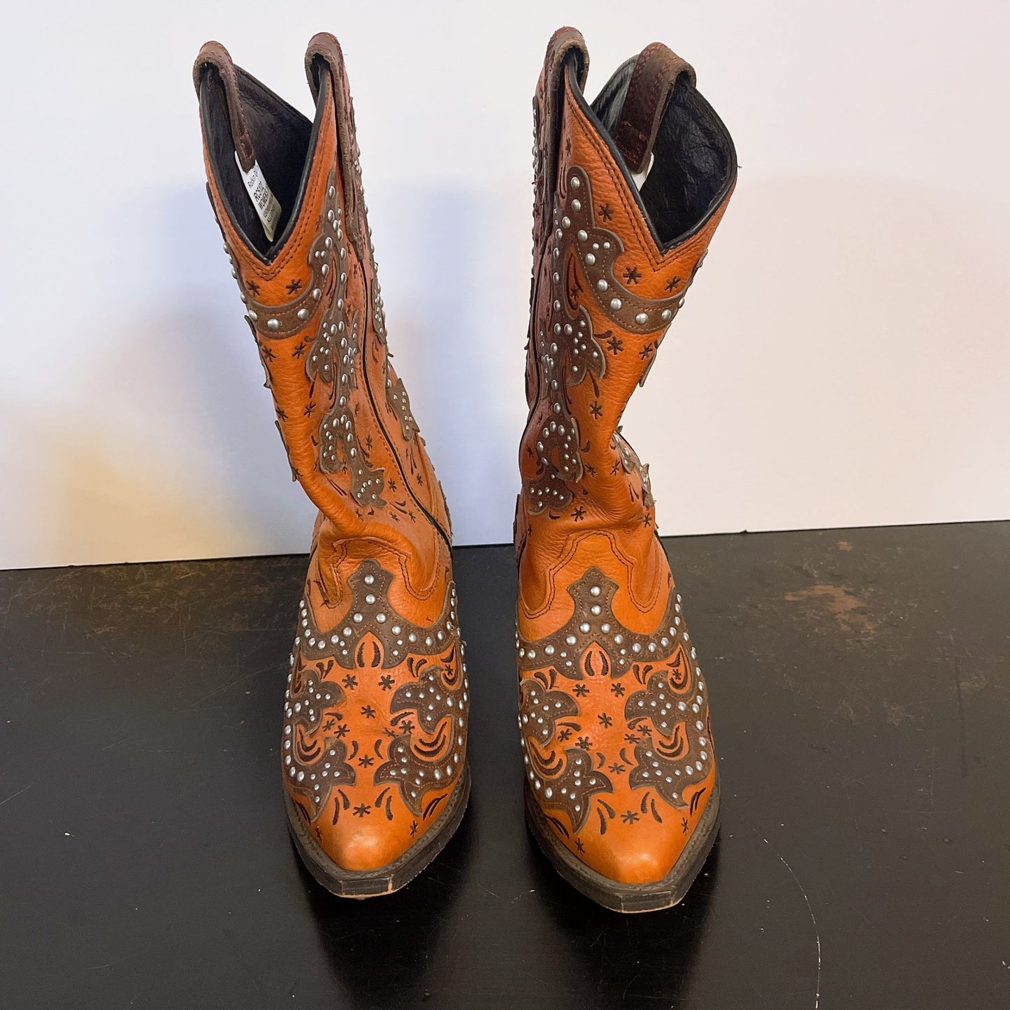 Rockin Country Womens Leather Western Cowboy Boots Orange & Brown Studded 7.5M