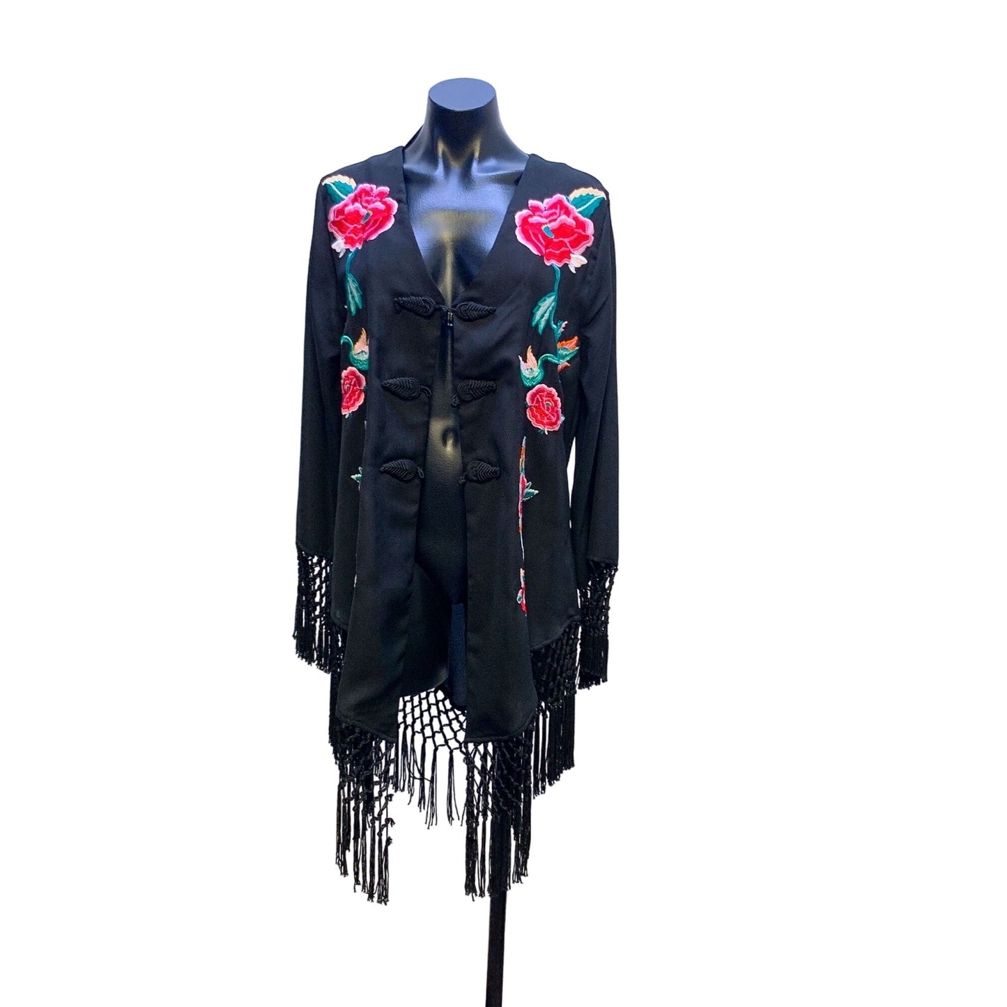 Roja Black Floral Embroidered Kimono Cardigan With Fringe L