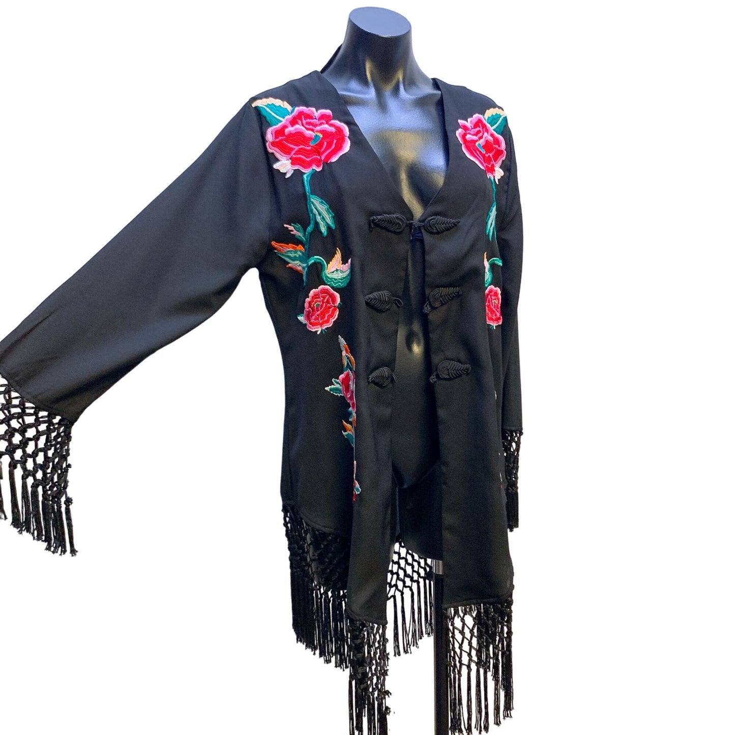 Roja Black Floral Embroidered Kimono Cardigan With Fringe L