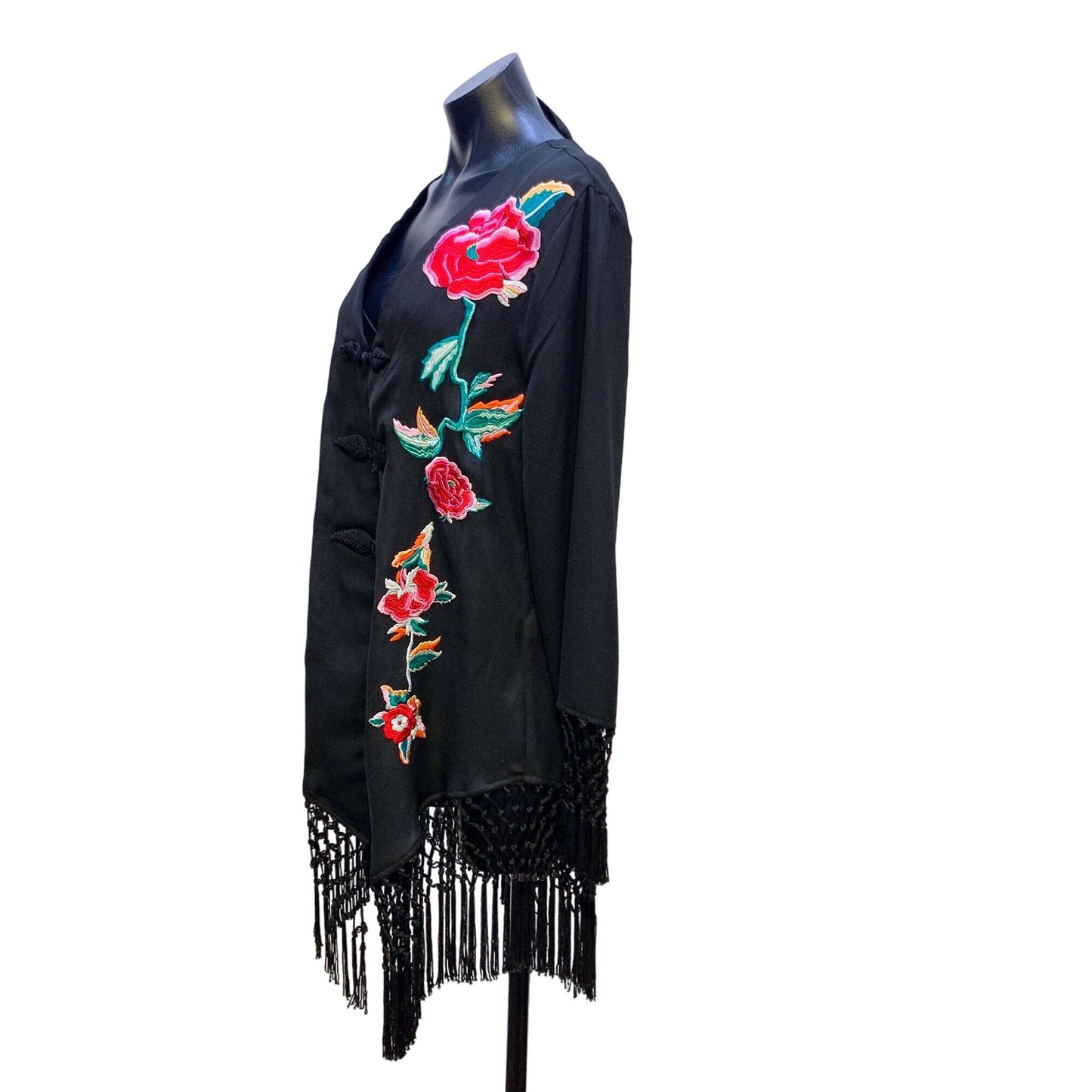 Roja Black Floral Embroidered Kimono Cardigan With Fringe L