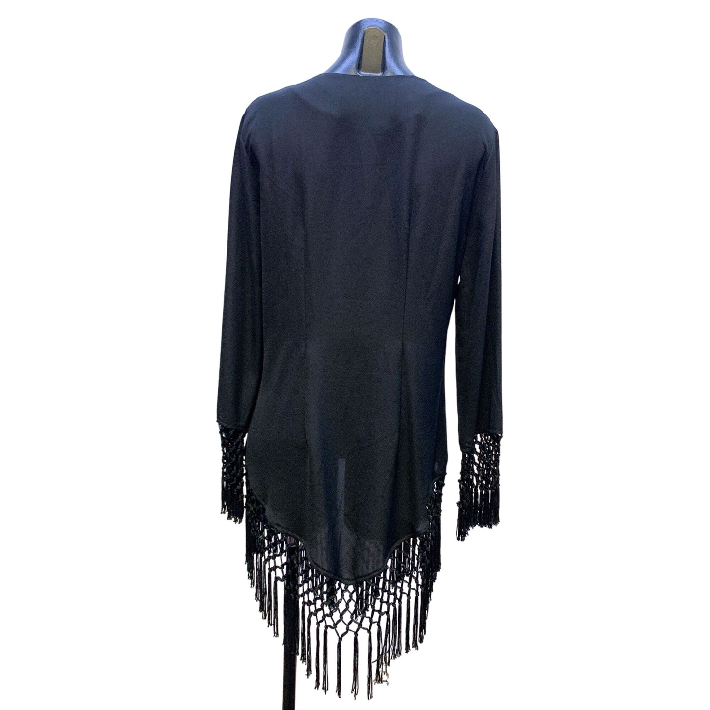 Roja Black Floral Embroidered Kimono Cardigan With Fringe L