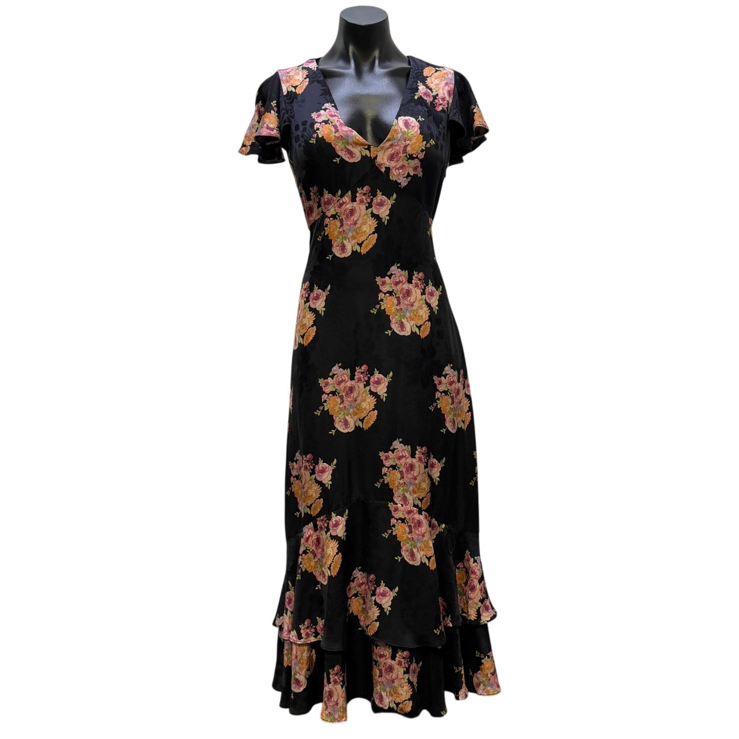 LoveShackFancy Black Floral Midi Dress Short Flutter Sleeves Size 2