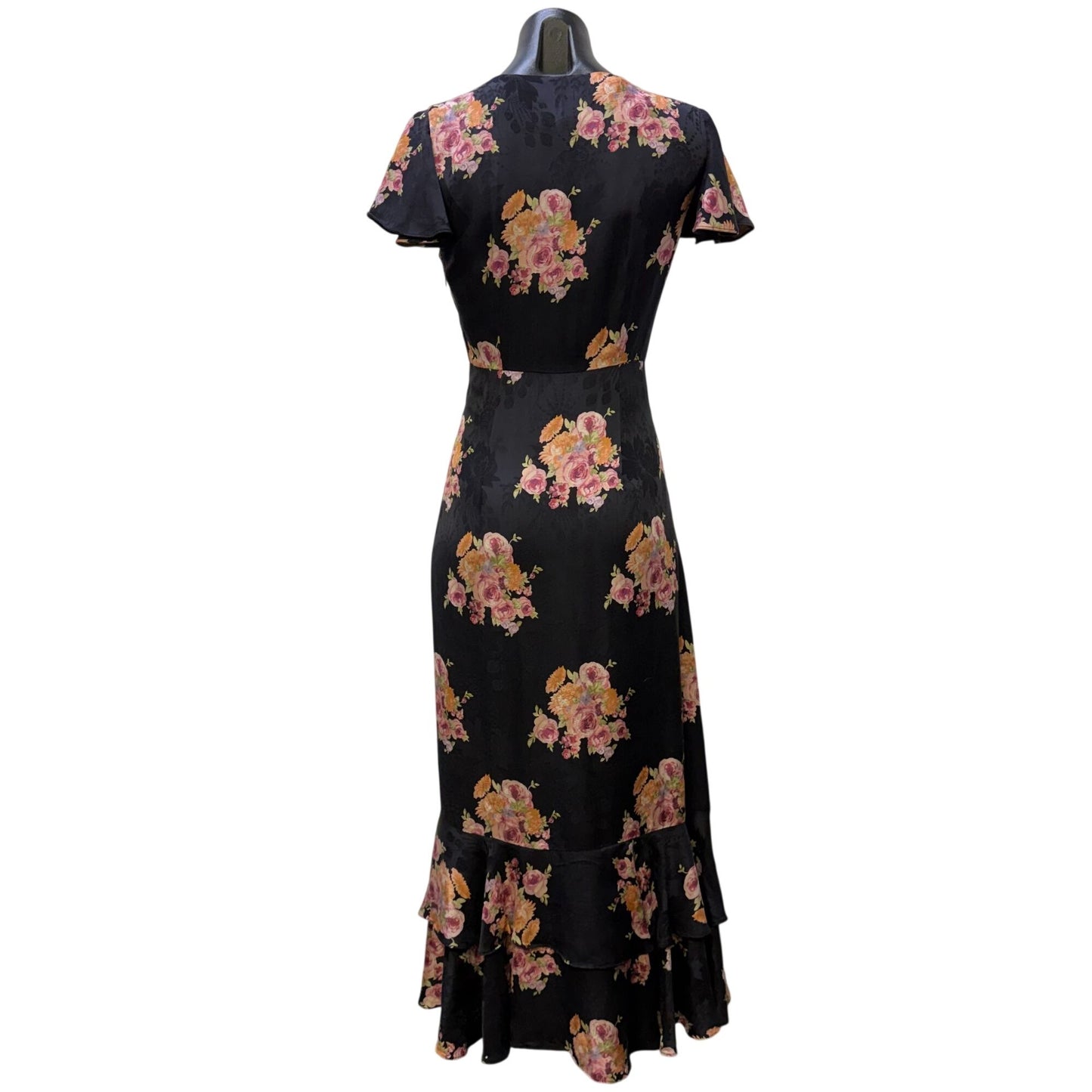 LoveShackFancy Black Floral Midi Dress Short Flutter Sleeves Size 2