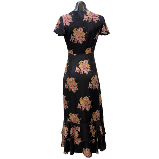 LoveShackFancy Black Floral Midi Dress Short Flutter Sleeves Size 2
