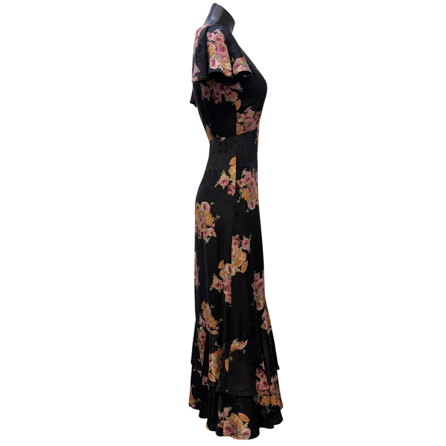 LoveShackFancy Black Floral Midi Dress Short Flutter Sleeves Size 2