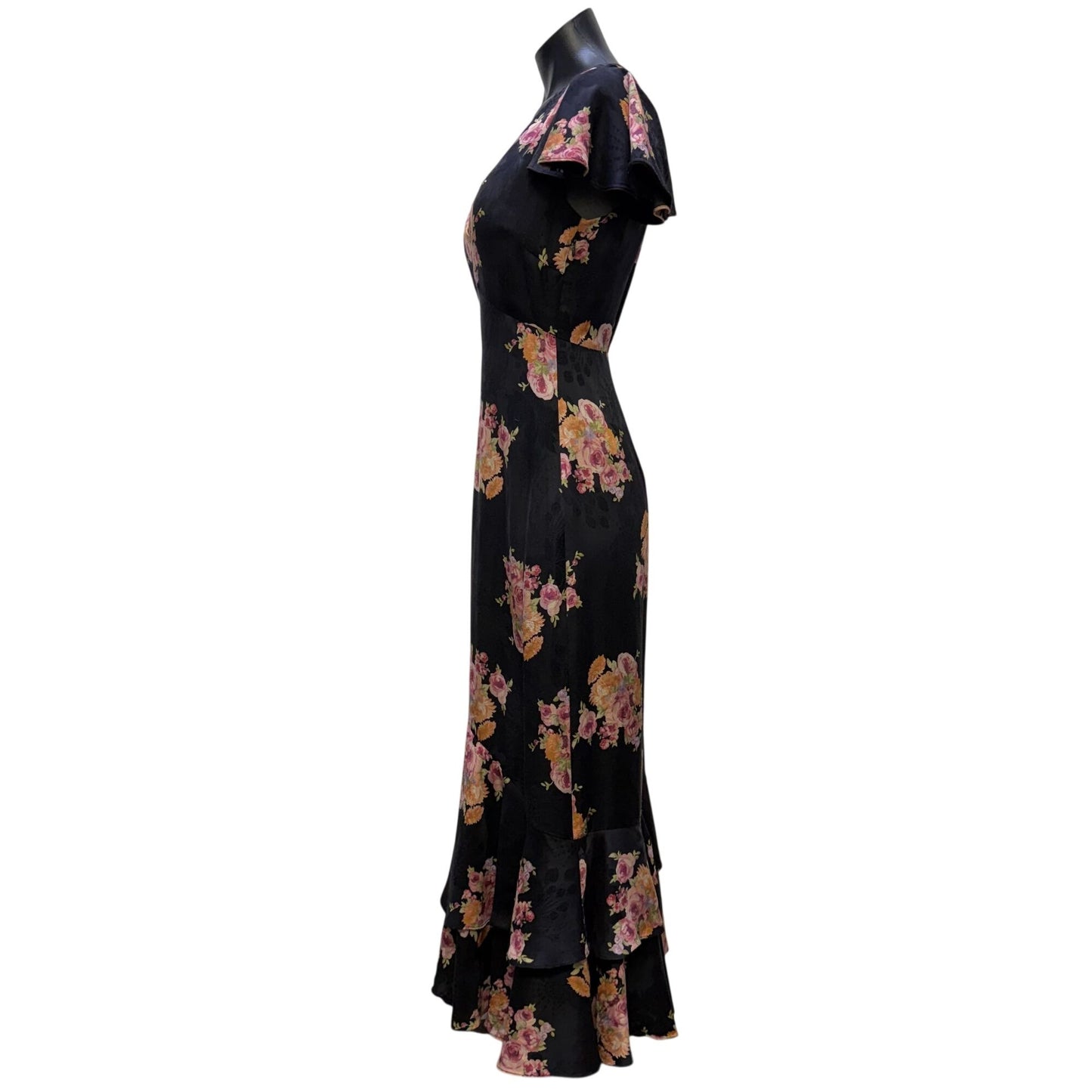 LoveShackFancy Black Floral Midi Dress Short Flutter Sleeves Size 2