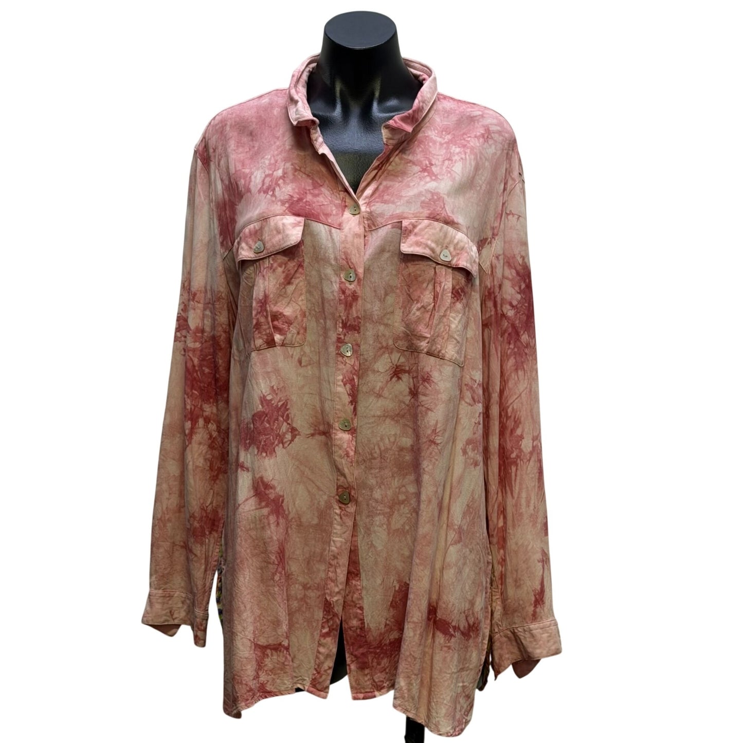 John Mark Pink Tie-Dye Button-Up Blouse W/ Floral Patchwork Back XL