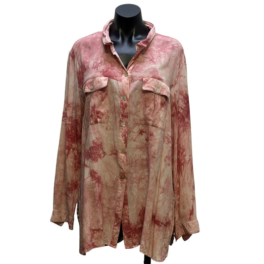 John Mark Pink Tie-Dye Button-Up Blouse W/ Floral Patchwork Back XL