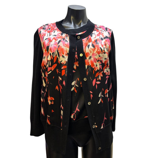 St. John Twin Sweater Set Black & Red Floral Print S/M 2p