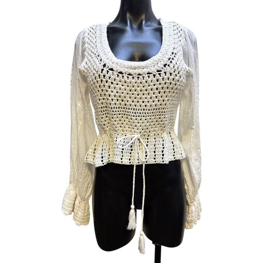 Free People Crochet & Cotton Peplum Top w/Long Puff Sleeves And Tie Waist In White Size S