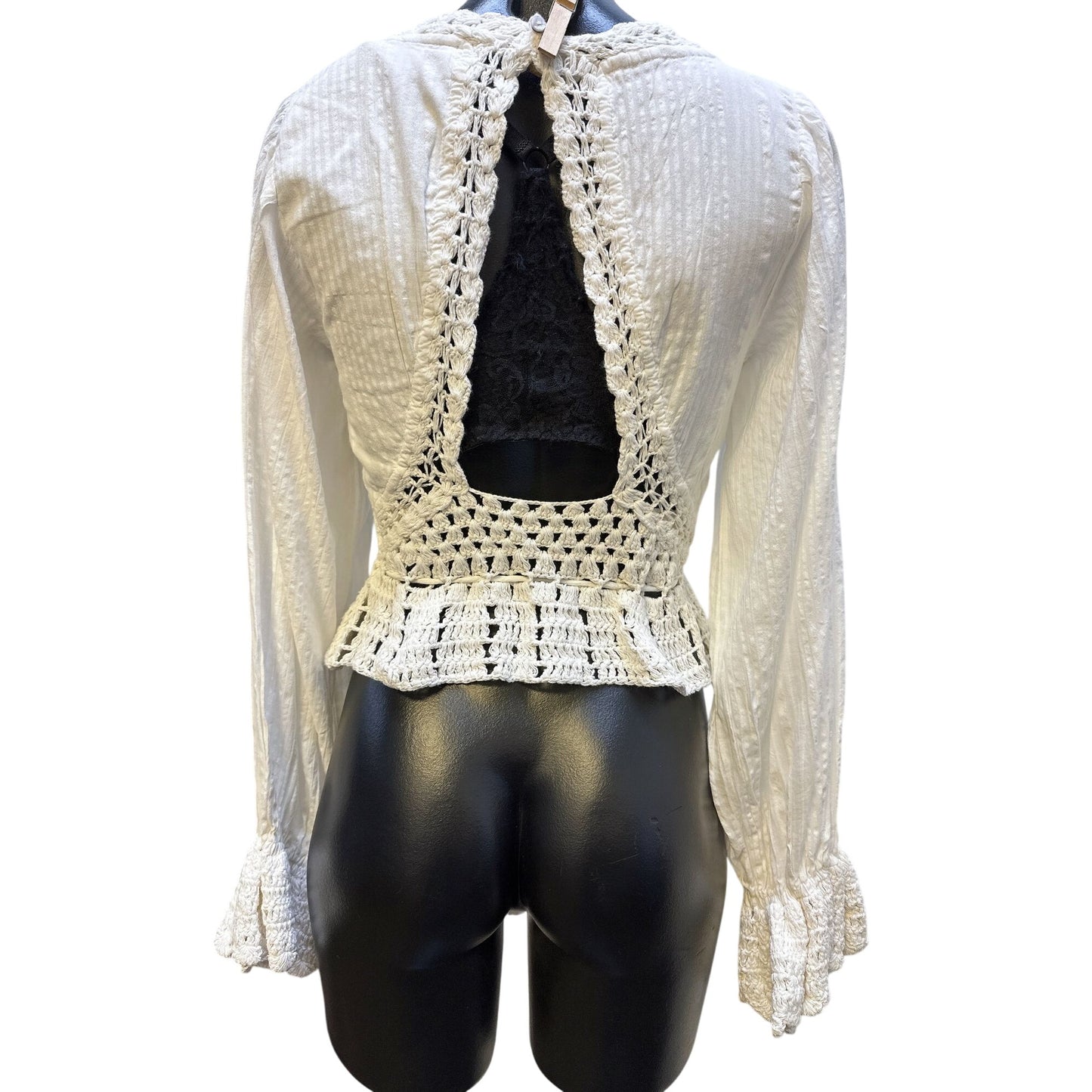 Free People Crochet & Cotton Peplum Top w/Long Puff Sleeves And Tie Waist In White Size S