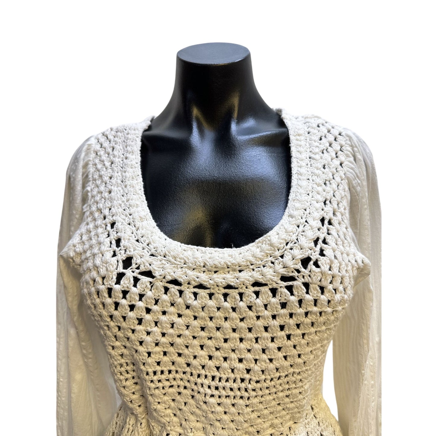 Free People Crochet & Cotton Peplum Top w/Long Puff Sleeves And Tie Waist In White Size S