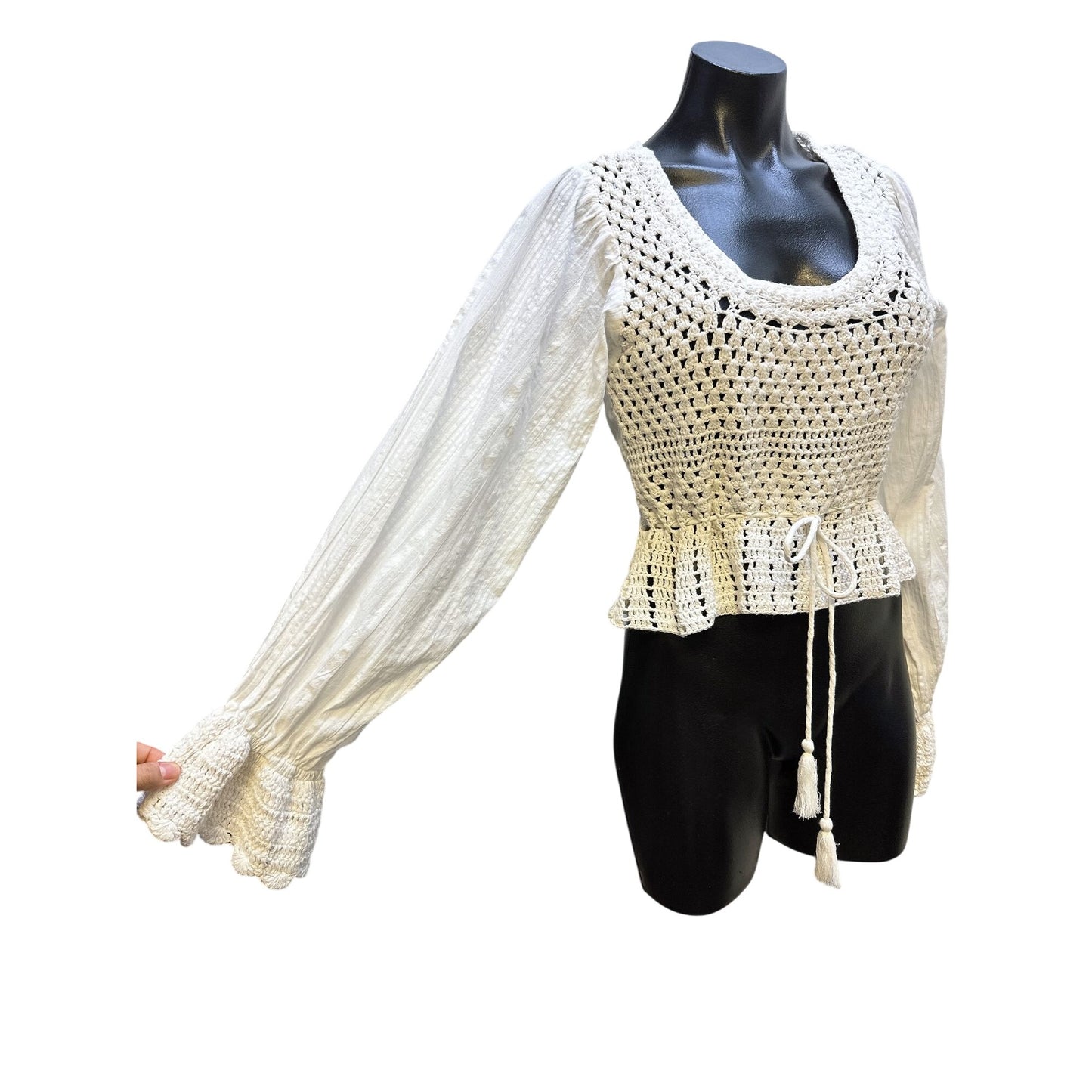 Free People Crochet & Cotton Peplum Top w/Long Puff Sleeves And Tie Waist In White Size S