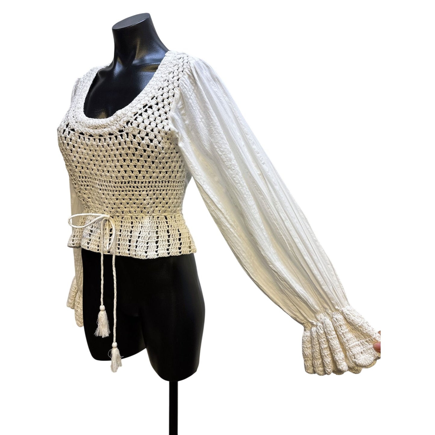 Free People Crochet & Cotton Peplum Top w/Long Puff Sleeves And Tie Waist In White Size S